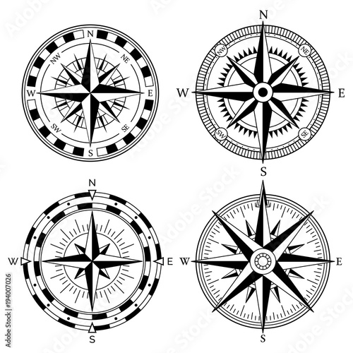 Wind rose retro design vector collection. Vintage nautical or marine wind rose and compass icons set, for travel, navigation design
