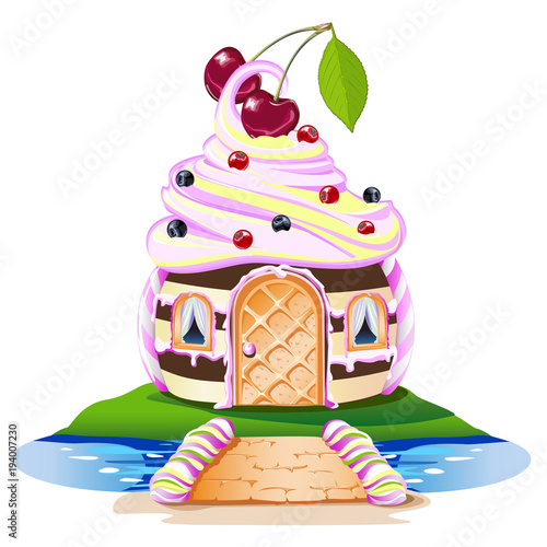 Sweet house with a cream roof and cherry