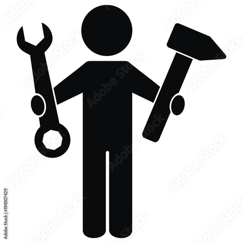 One figure with tool, hammer and wrench, vector icon, black silhouette of man