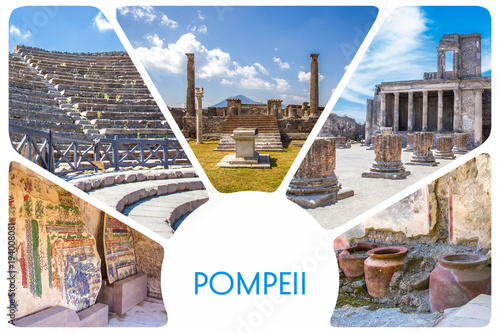 Photo collage from the ancient city of Pompeii - the ruins of antique houses, columns, clay pots, mosaic, frescoes, volcano Vesuvius, Naples, Italy. photo