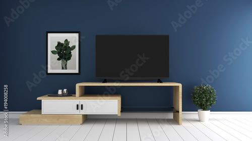 Smart Tv Mockup with tropicalroom interior on dark blue wall in modern white floor. 3d rendering