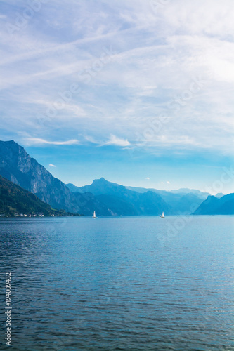 Sunny and cloudy day on the lake Traunsee, Austria