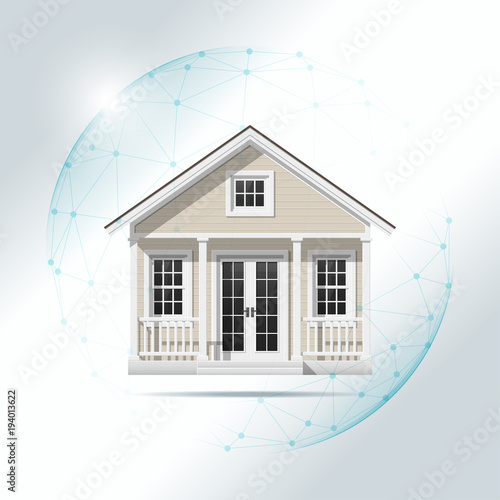Property insurance concept with small house protected in polygonal sphere shield , vector , illustration