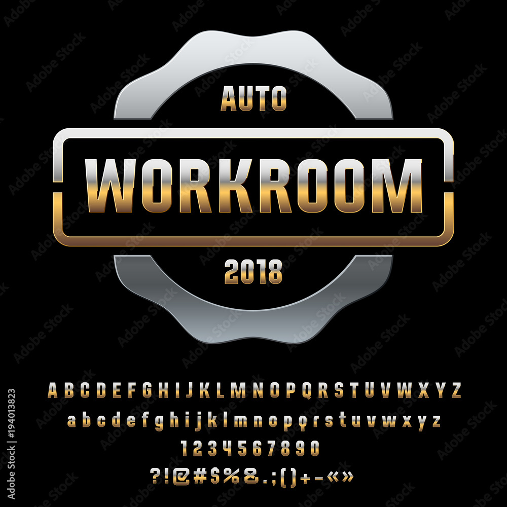 Vector Silver and Golden Industrial Sign Auto Workroom. Set of gradient ...