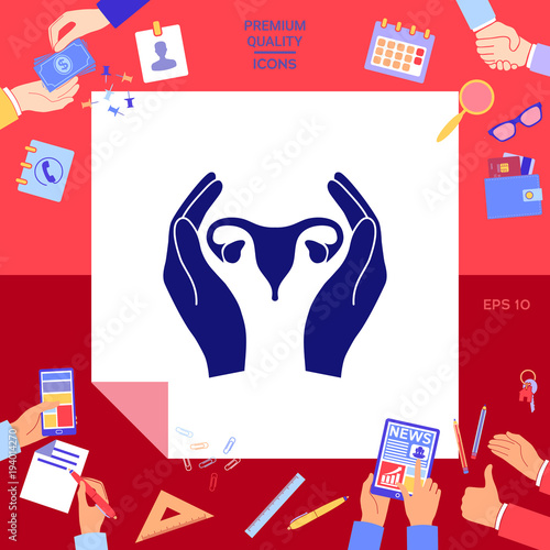 Hands holding Female uterus - protection icon