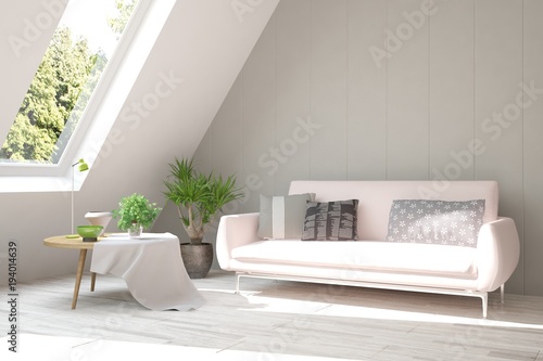 Idea of white room with sofa and summer landscape in window. Scandinavian interior design. 3D illustration