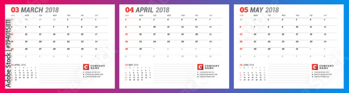 Calendar planner template for spring 2018. March, April, May. Design print vector template