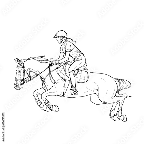 Female rider - jumping horse outline black and white