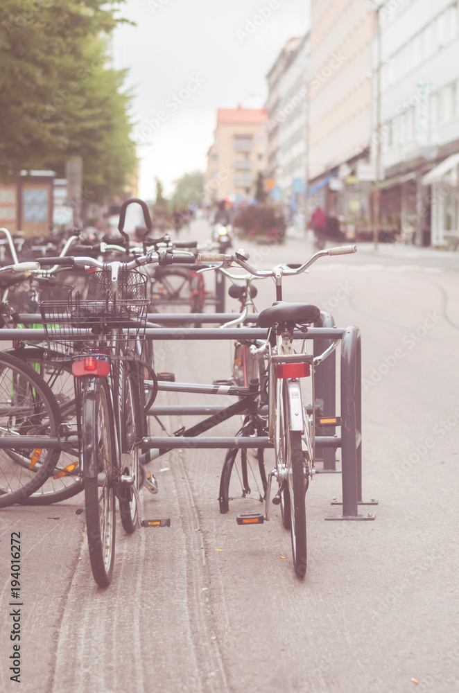 Bicycles parked on city street