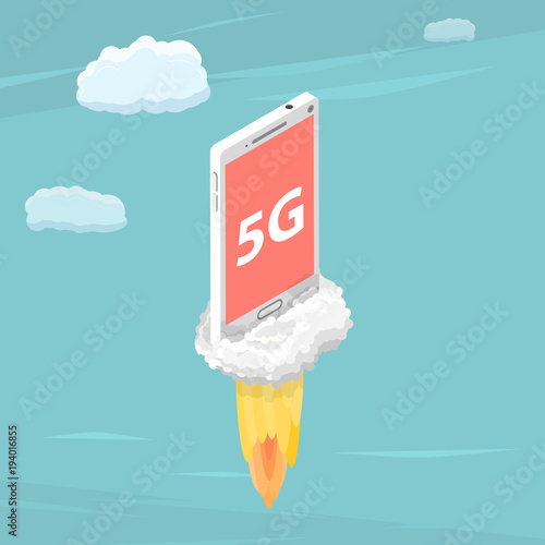 5g flat isometric vector concept. Smartphone with a title 5G is flying in the sky like a rocket.