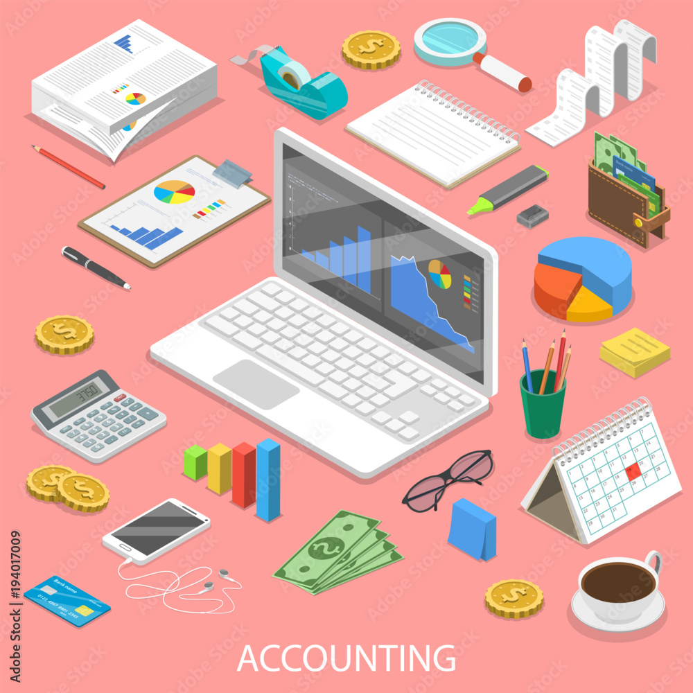 Accounting flat isometric vector concept. Laptop with some charts on its screen surrounded by the accounting attributes. Accounting flat isometric vector concept. Laptop with some charts on its screen surrounded by the accounting attributes.