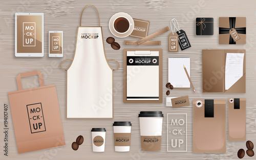 Corporate identity design template set for coffee shop or house. Mock-up package, tablet, phone, price tag, cup, notebook. Vector concept