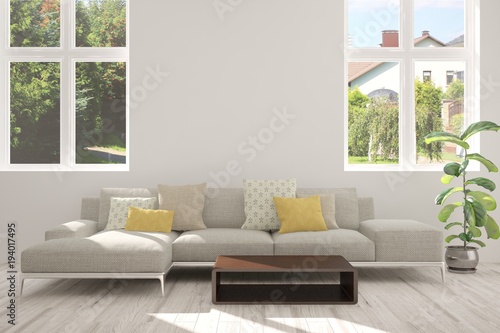 Idea of white room with sofa and summer landscape in window. Scandinavian interior design. 3D illustration