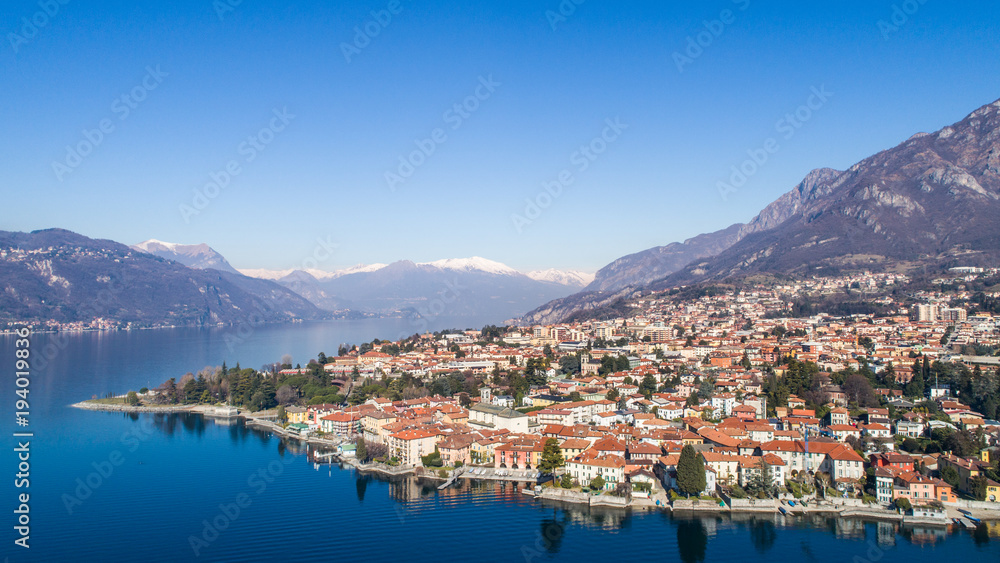 City of Mandello del Lario, Lake of Como in Italy. Panoramic view from a drone