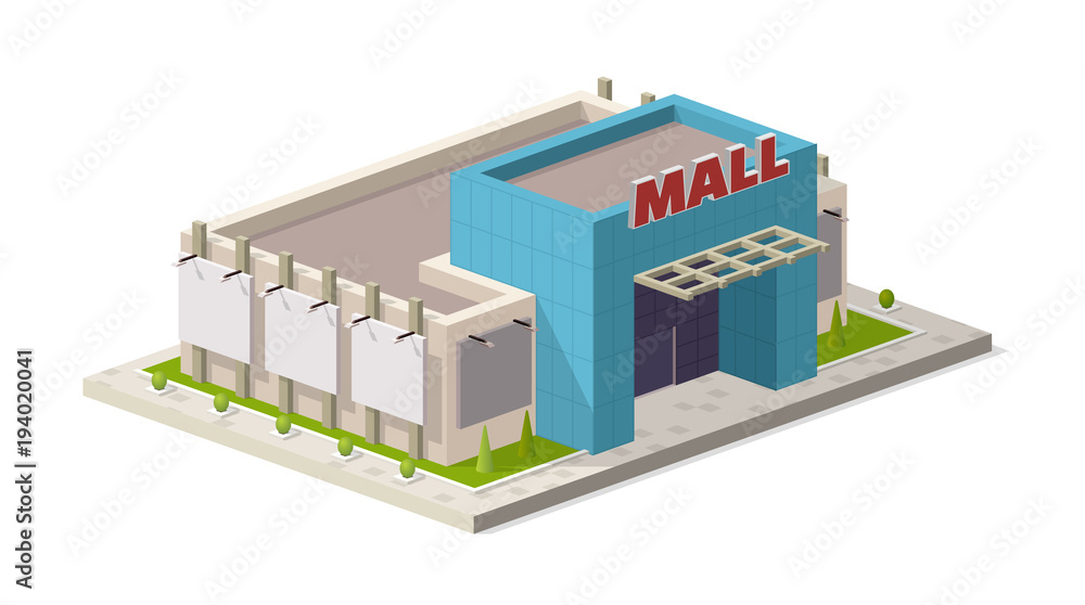 A vector illustration of a modern shopping center. Isometric Shopping mall building illustration