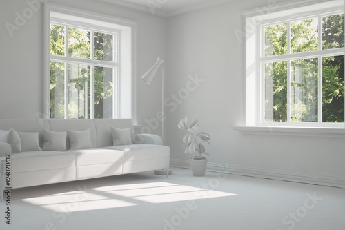 Idea of white room with sofa and summer landscape in window. Scandinavian interior design. 3D illustration