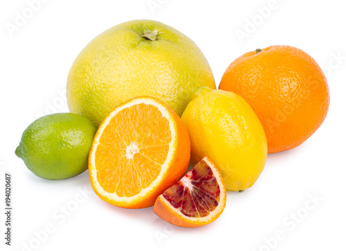 Isolated citrus fruits. Grapefruit, orange, lemon and lime isola