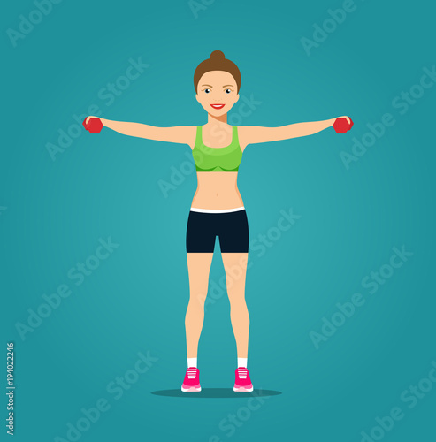 Fitness woman with dumbbells. Young sportswoman in sportswear. Vector flat style isolated illustration.