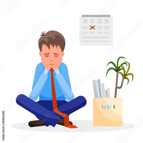 Young man sits upset after loosing his job. Vector illustration colorful isolated on white background