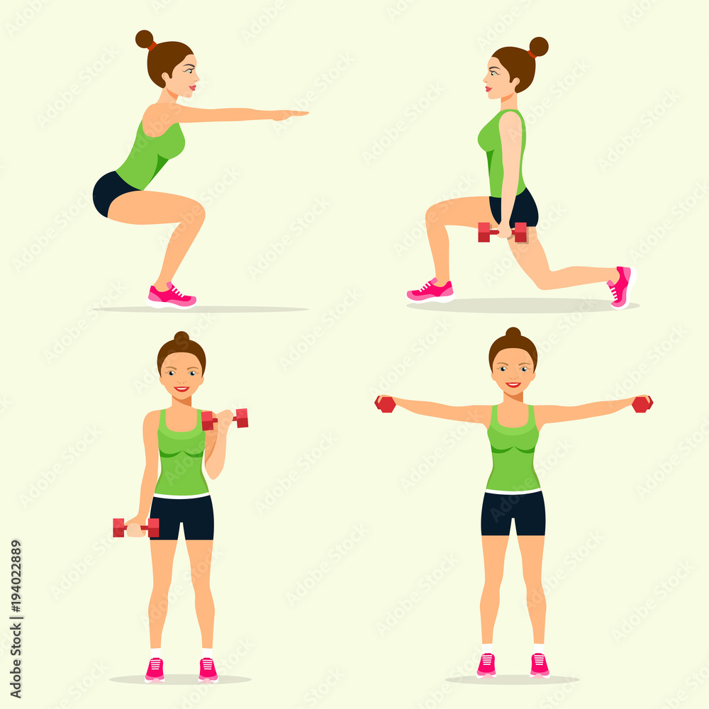Young sportswoman in sportwear is engaged in sports. Set isolated. Vector flat style illustration. Young sportswoman in sportwear is engaged in sports. Set isolated. Vector flat style illustration.