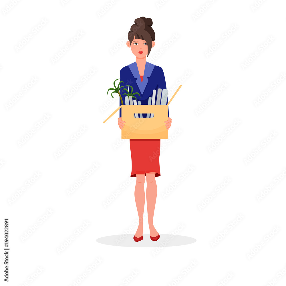 Woman fired from her position holds box with stationery, frustrated. Vector illustration colorful isolated on white background Woman fired from her position holds box with stationery, frustrated. Vector illustration colorful isolated on white background