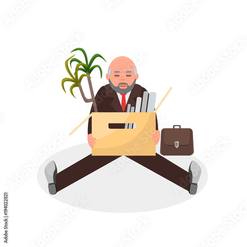 Aged bald man sitting with his office staff after resignation confused. Vector illustration colorful isolated on white background 