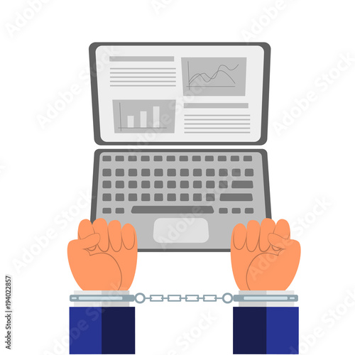 Man handcuffed with laptop and financial applications on the background as metaphor of job slavery.  Vector illustration colorful isolated on white background