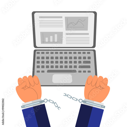 Male hands break the manacles as idea of job quit and freedom from finance. Vector illustration colorful isolated on white background
