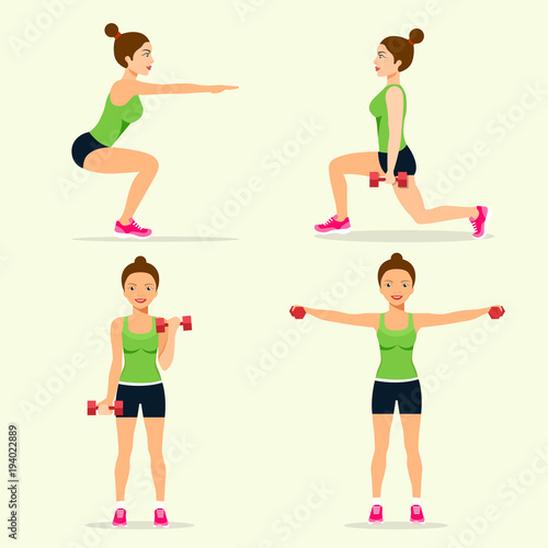 Young sportswoman in sportwear is engaged in sports. Set isolated. Vector flat style illustration.