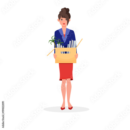Woman fired from her position holds box with stationery, frustrated. Vector illustration colorful isolated on white background
