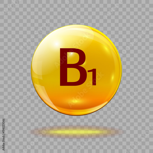 Gold pill capsule or gold drop with vitamin B1 on a transparent background. Medical or medical template.