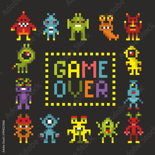 Cover print with pixel monsters.