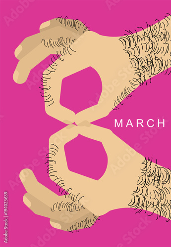 March 8. Male hand with finger symbol figure eight. Sign International Women's Day. Spring holiday