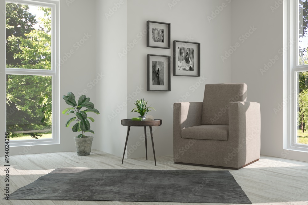 Idea of white room with armchair and summer landscape in window. Scandinavian interior design. 3D illustration Idea of white room with armchair and summer landscape in window. Scandinavian interior design. 3D illustration