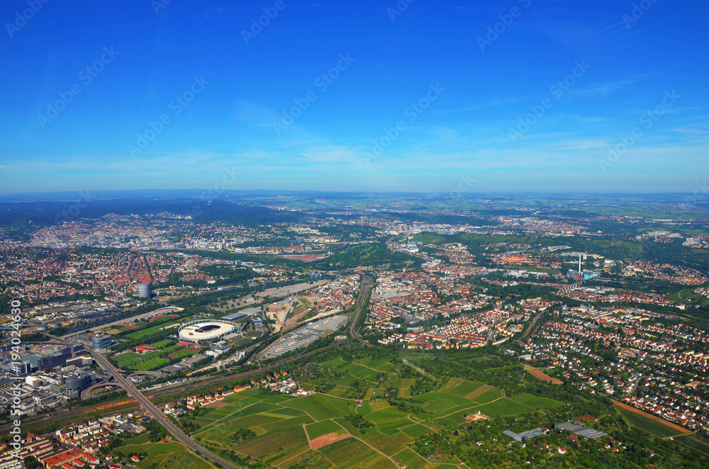 Stuttgart - June 11, 2017: Closer Aerial view of Stuttgart area and soccer stadium, south germany on a sunny summer day
