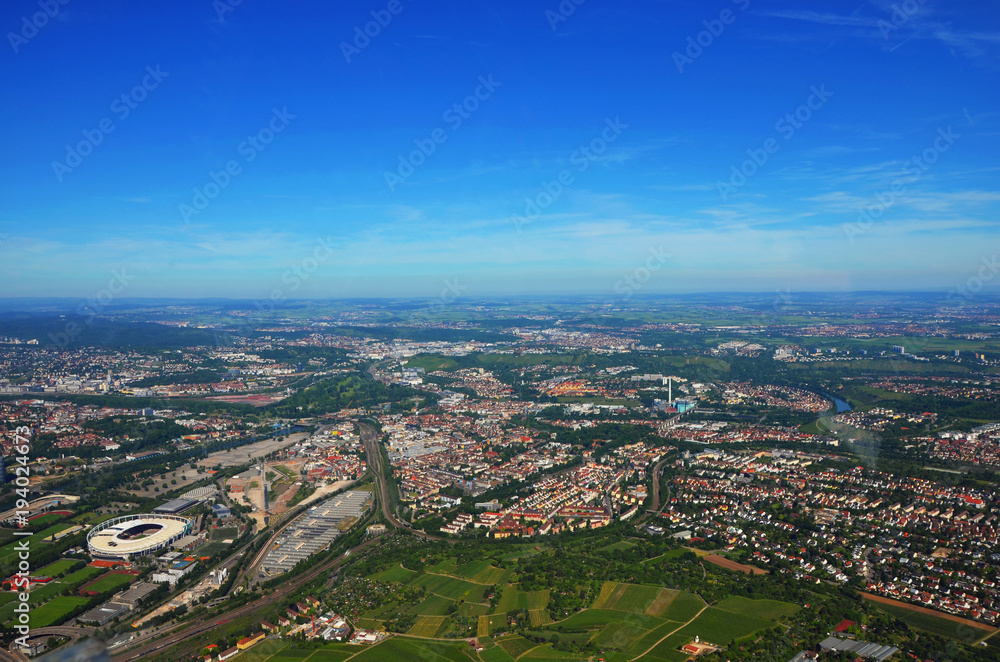 Stuttgart - June 11, 2017: Closer Aerial view of Stuttgart area and soccer stadium, south germany on a sunny summer day