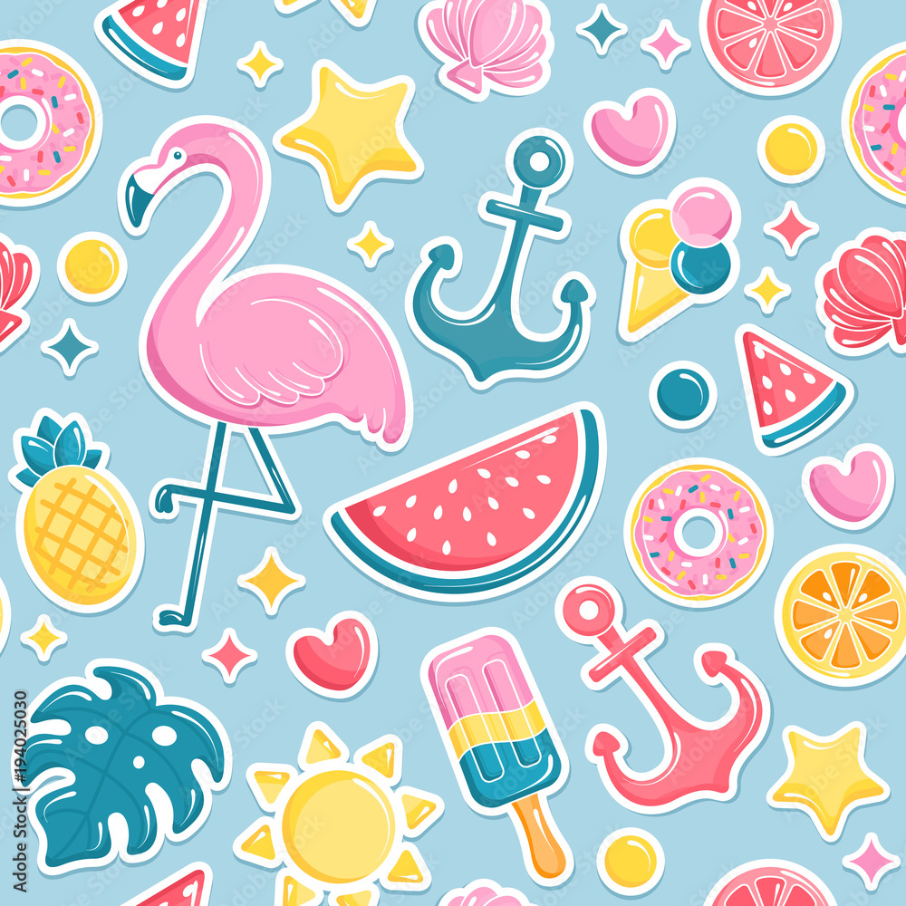 Summer beach elements seamless pattern.  Flamingo, ice cream, watermelon, sun, shell, pineapple.  illustration