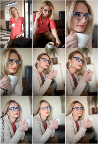 Attractive sexy blonde in white sweater over pink blouse holding a cup of coffee. Portrait of sensual woman sitting on large leather armchair relaxing. Woman with long hair enjoying a coffee, indoors