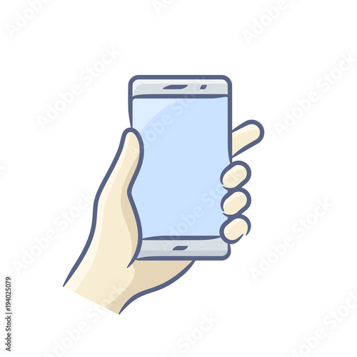 Hand holding smartphone vector illustration. Touch screen
