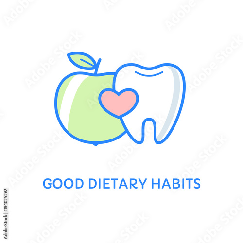 Dental icons. Tooth with an apple. Good food for your teeth. Good dietary habits label. Dental care symbol or illustration isolated on white. Dentistry flat line style logotype. Stomatology emblem.