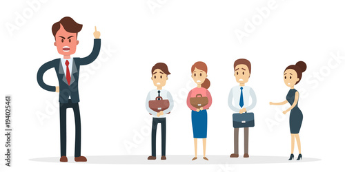 Angry boss with employees.