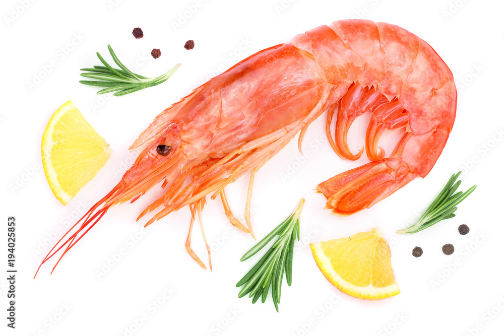 Red cooked prawn or shrimp with rosemary and lemon isolated on white background. Top view. Flat lay Red cooked prawn or shrimp with rosemary and lemon isolated on white background. Top view. Flat lay