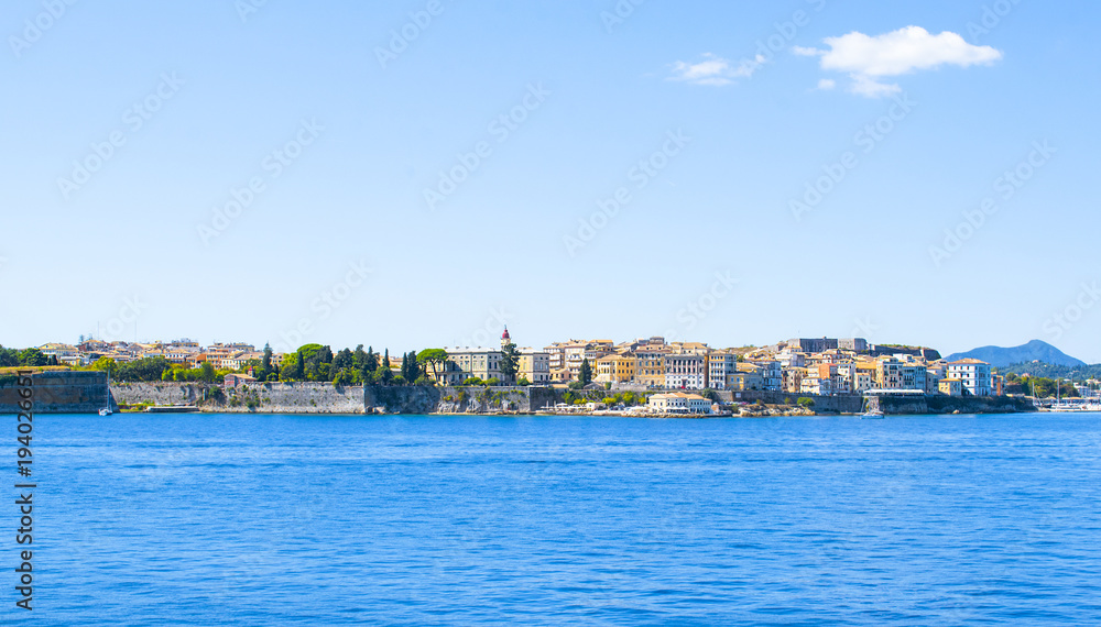 Corfu island panorama. Kerkyra town view from water