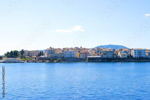 Corfu island panorama. Kerkyra town view from water