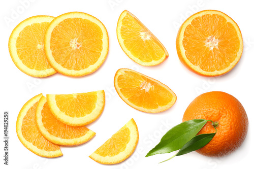 healthy food. orange with green leaf isolated on white background