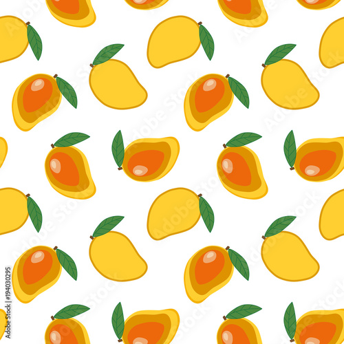 Fototapeta Naklejka Na Ścianę i Meble -  sweet whole mango and cut mango with leaf fruit summer tropical pattern on a white background seamless vector