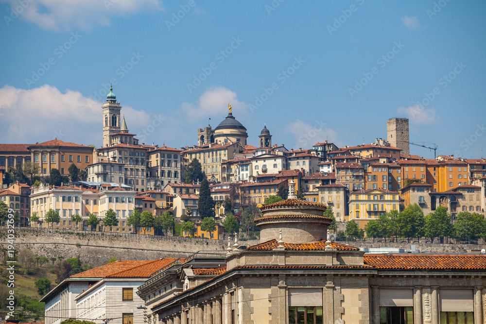 Obraz premium Old town view from bottom. Bergamo, Italy. Spring season, daytime.