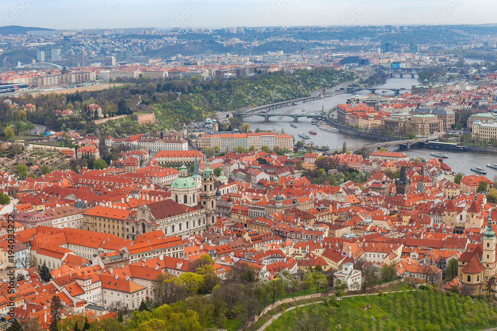 Panoramic view of old town along Vltava river, Prague, Czech Republic