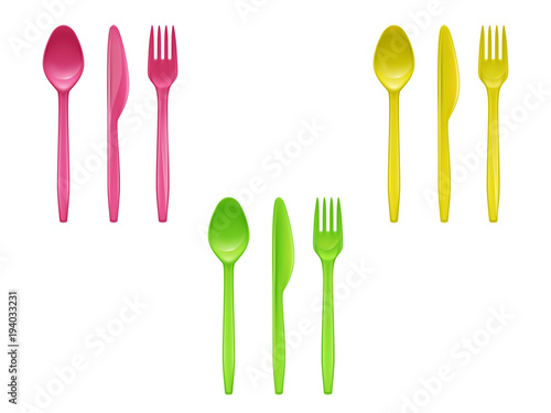 Vector 3d realistic set of disposable plastic tableware, knives, spoons, forks used for eating or serving food, isolated on background. Colorful cutlery for picnic, party, mockup of eco kitchenware