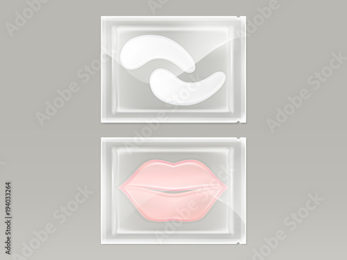 Vector realistic set of patches for lips and eyes, with hydrogel, in transparent disposable sachet isolated on background. Cosmetic product for skin care and treatment, mockup for packaging design